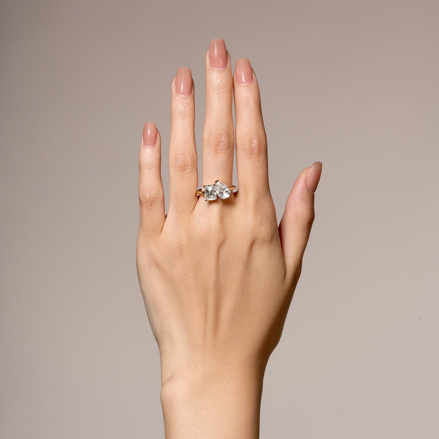 Emerald and Pear Moissanite Toi et Moi Ring