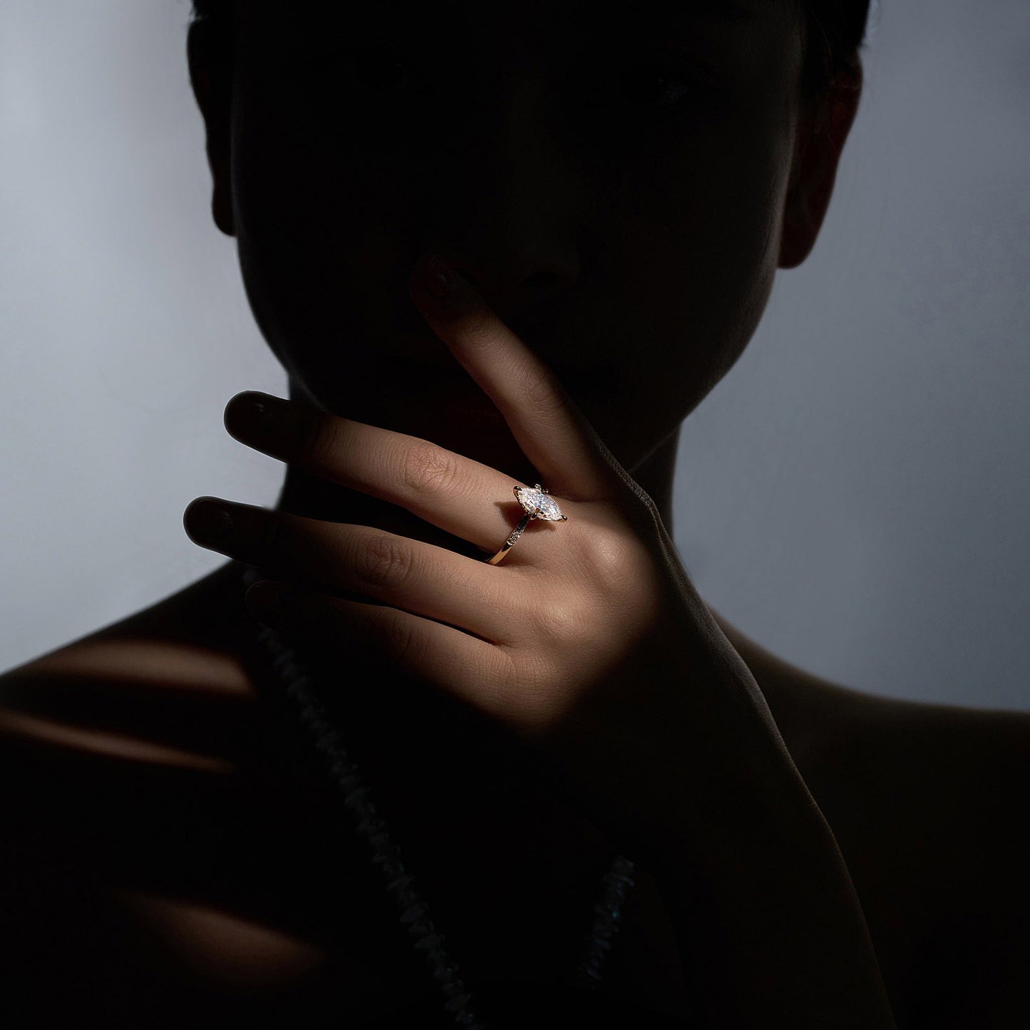 Marquise Shaped Moissanite Solitaire Ring with Hidden Halo