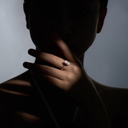 Marquise Shaped Moissanite Solitaire Ring with Hidden Halo